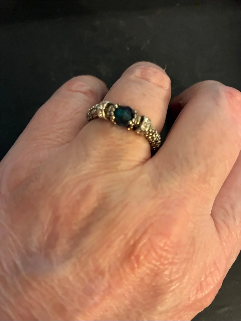 Gold-Tone Stretch Ring with Dark Blue Oval Stone and Pavé Accents.  NWOT